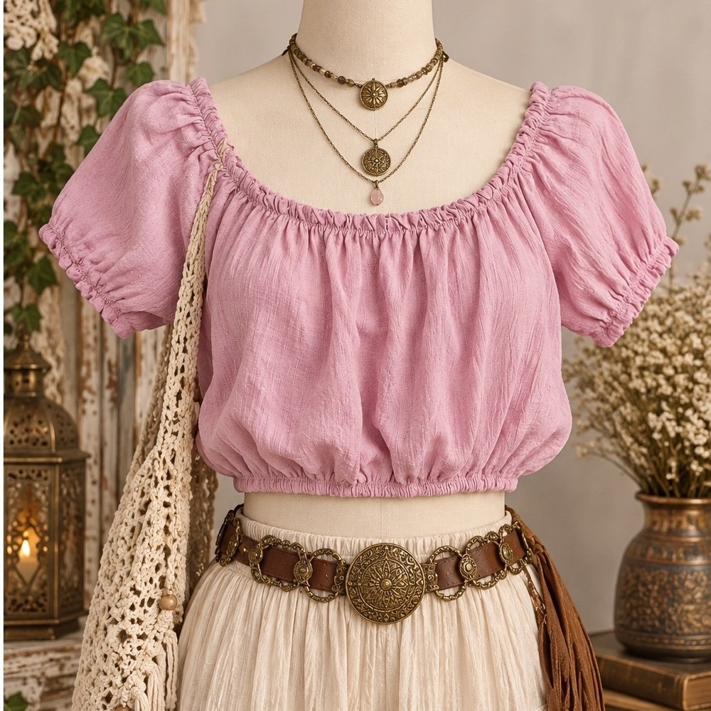 Pink Puff Sleeve Crop Top Off Shoulder Elastic Hem Medium Boho Renaissance